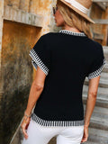 Contrast Round Neck Short Sleeve Knit Top - Trendsi - Flyclothing LLC