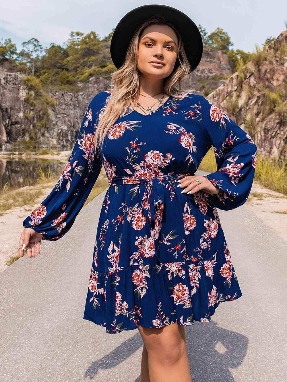 Plus Size V-Neck Long Sleeve Dress - Trendsi - Flyclothing LLC