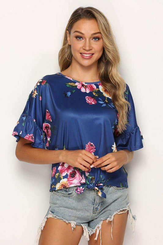 Floral Tie Hem Flounce Sleeve Top - Trendsi - Flyclothing LLC