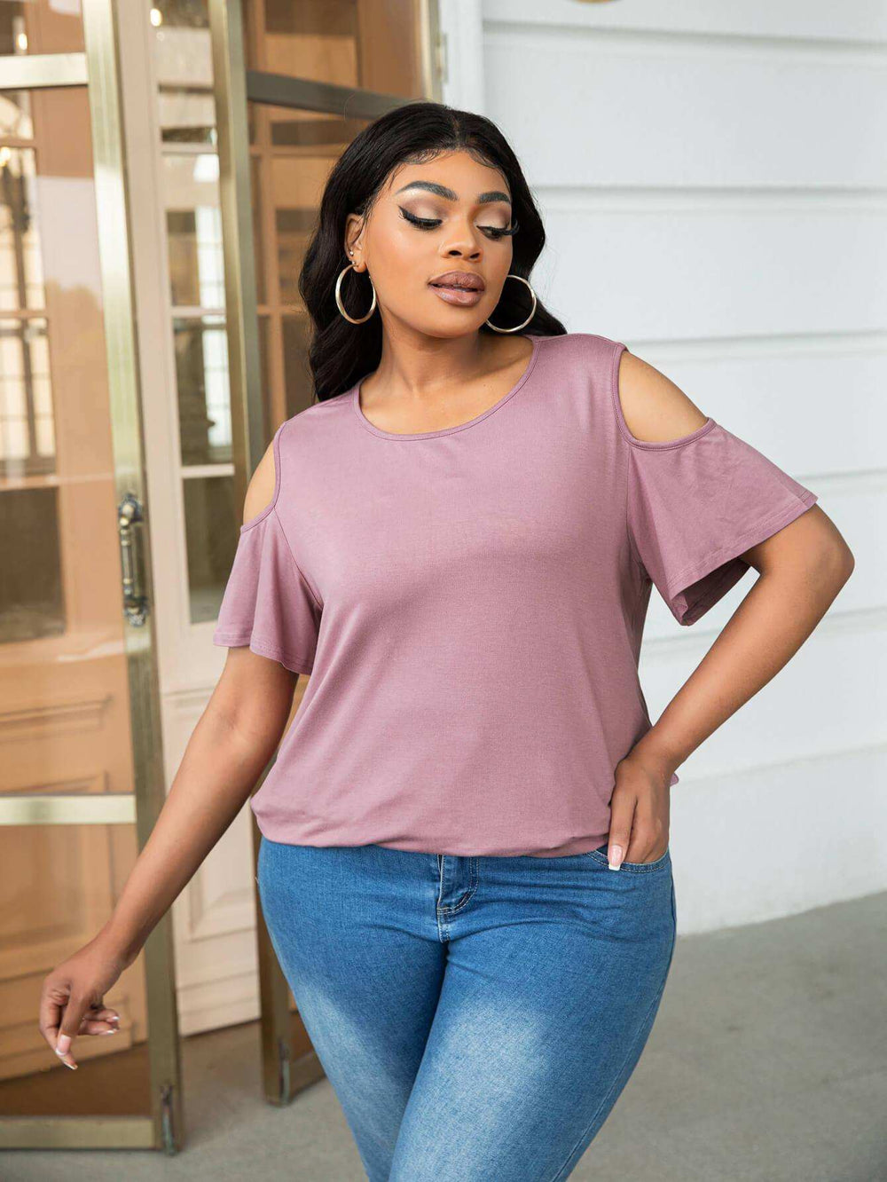 Plus Size Cold-Shoulder Round Neck Curved Hem Tee - Trendsi - Flyclothing LLC