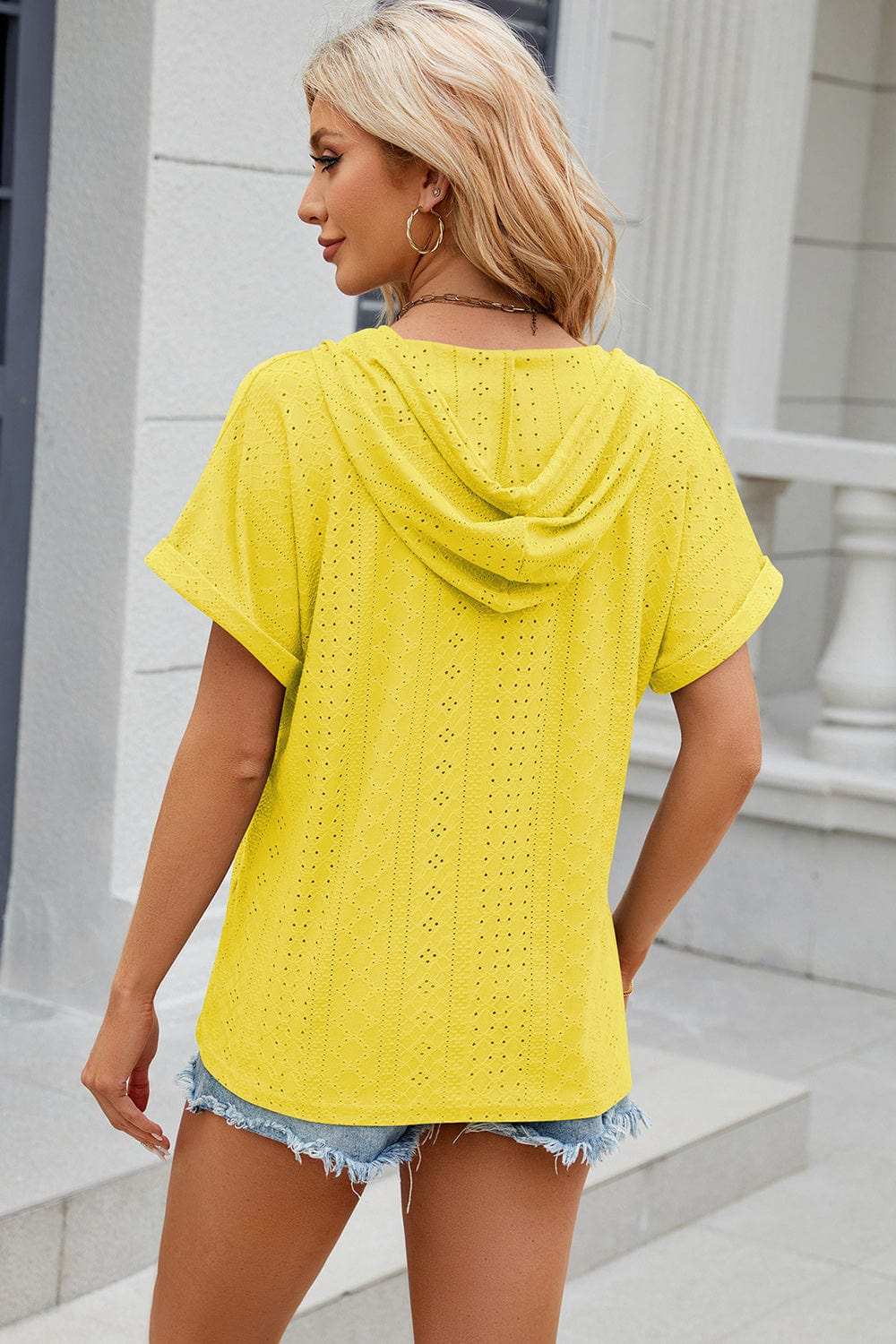 Eyelet Drawstring Hooded Short Sleeve Blouse - Trendsi - Flyclothing LLC