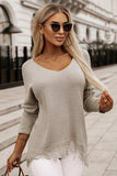 Fringe Trim V-Neck Pullover Sweater - Trendsi - Flyclothing LLC