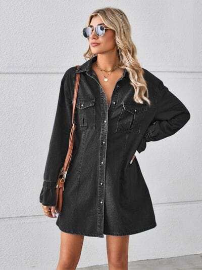 Pocketed Dropped Shoulder Mini Denim Dress - Trendsi - Flyclothing LLC