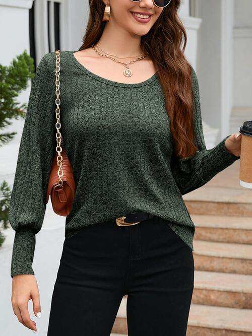 Ribbed Round Neck Lantern Sleeve Knit Top - Trendsi - Flyclothing LLC