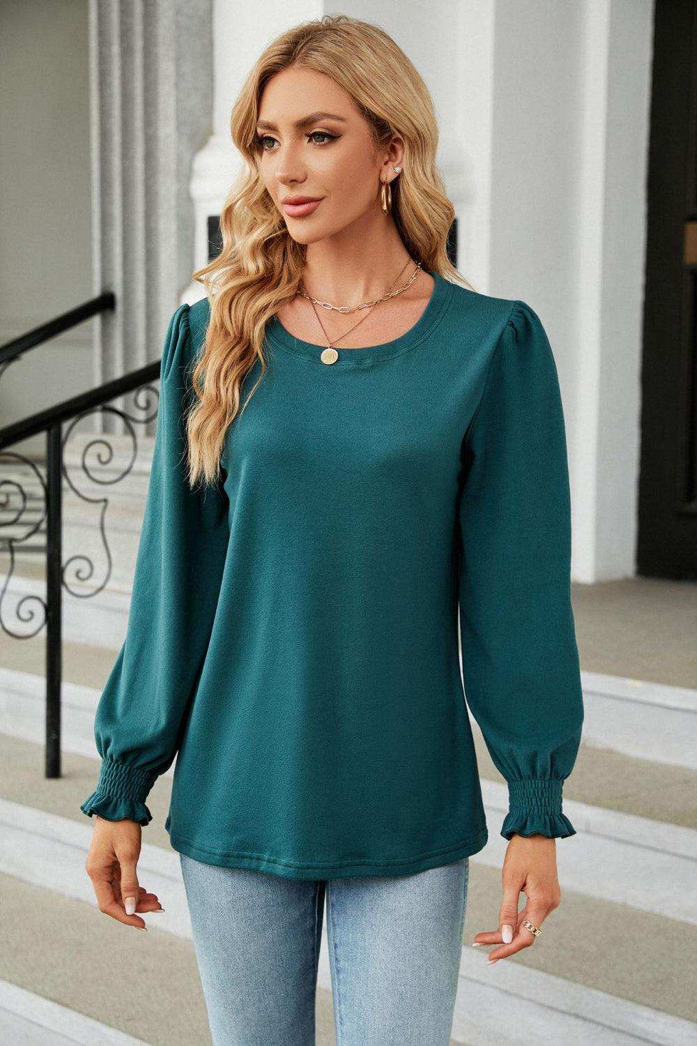 Round Neck Smocked Flounce Sleeve Blouse - Trendsi - Flyclothing LLC