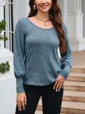 Ribbed Round Neck Lantern Sleeve Knit Top - Trendsi - Flyclothing LLC