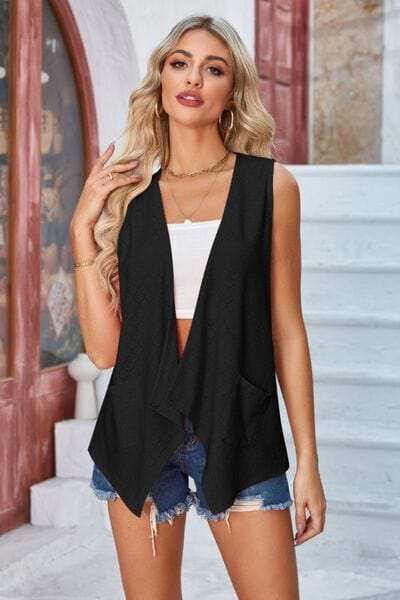 Eyelet Open Front Sleeveless Cardigan - Trendsi - Flyclothing LLC
