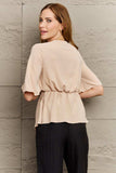 V-Neck Tie Front Half Sleeve Blouse - Trendsi - Flyclothing LLC
