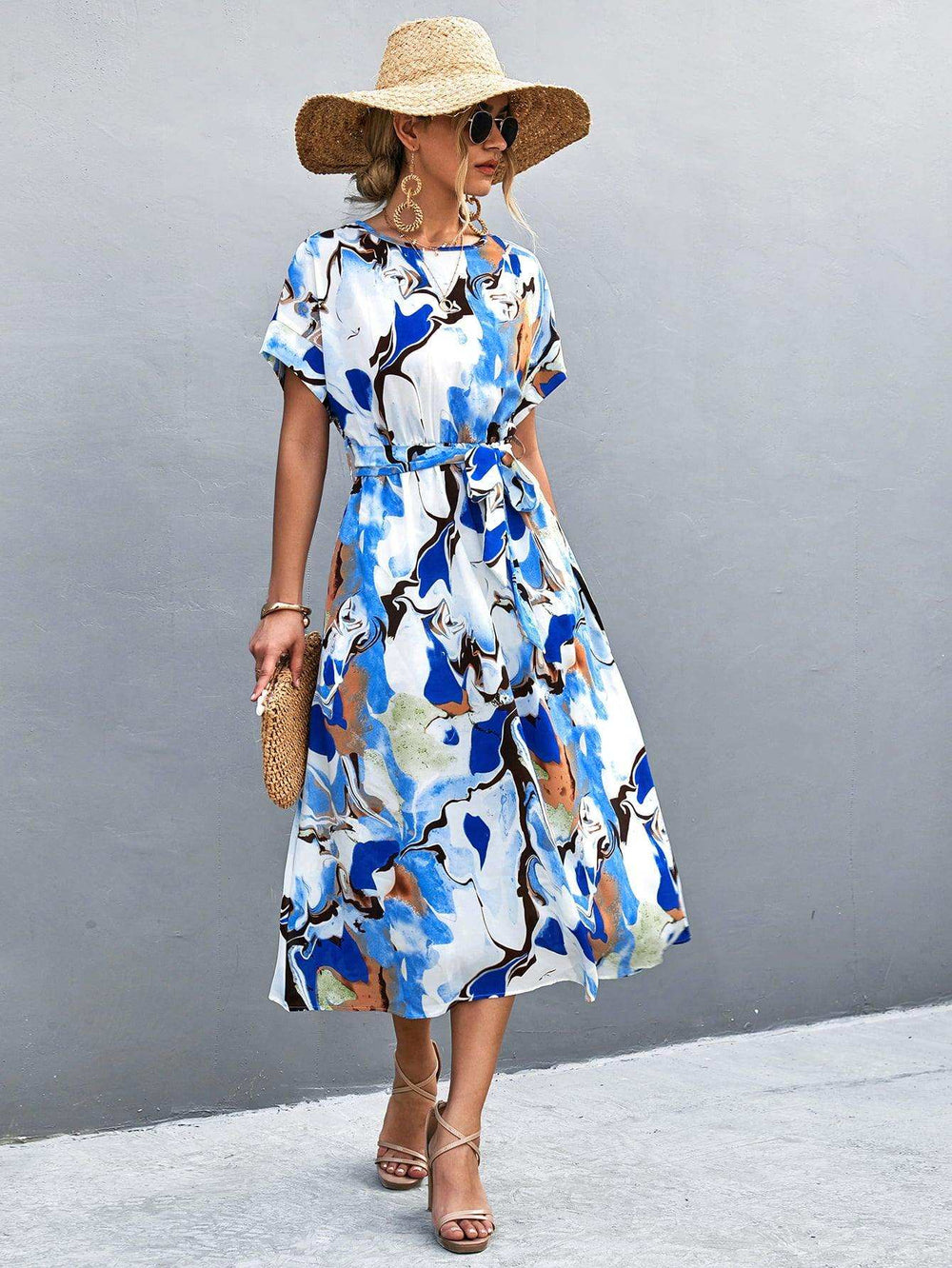 Round Neck Short Sleeve Tie Waist Midi Dress - Trendsi - Flyclothing LLC