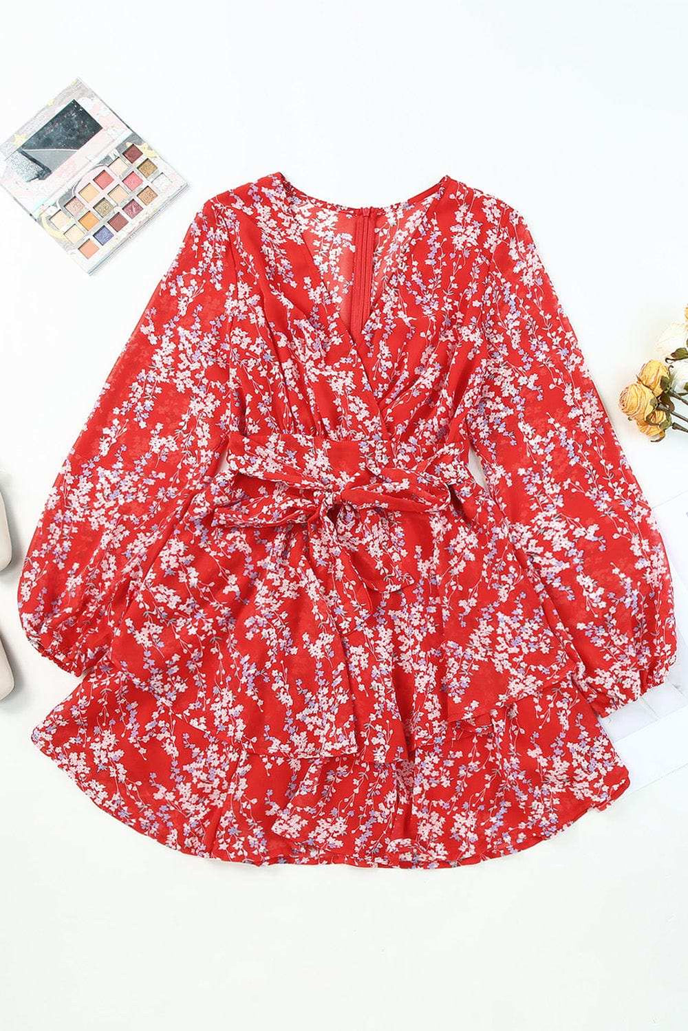 Printed Surplice Balloon Sleeve Layered Dress - Trendsi - Flyclothing LLC