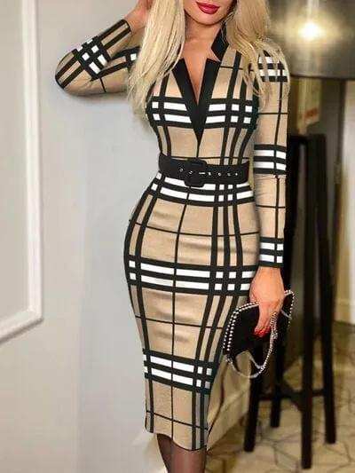 Printed Notched Long Sleeve Wrap Dress - Trendsi - Flyclothing LLC