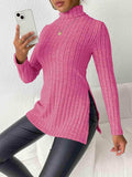 Ribbed Turtleneck Long Sleeve Slit T-Shirt - Trendsi - Flyclothing LLC