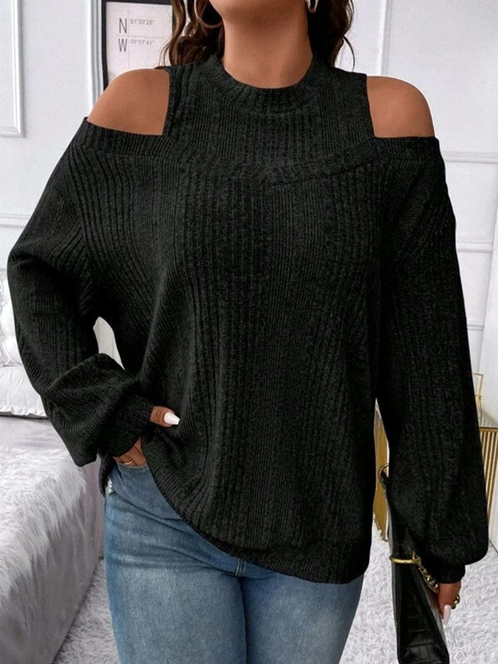 Round Neck Cold Shoulder Sweater - Trendsi - Flyclothing LLC