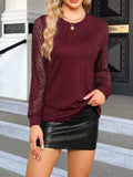 Waffle-Knit Round Neck Long Sleeve Blouse - Trendsi - Flyclothing LLC