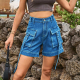 High Waist Denim Cargo Shorts - Trendsi - Flyclothing LLC