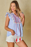 Embroidered Tassel Striped Tie Neck Blouse - Trendsi - Flyclothing LLC
