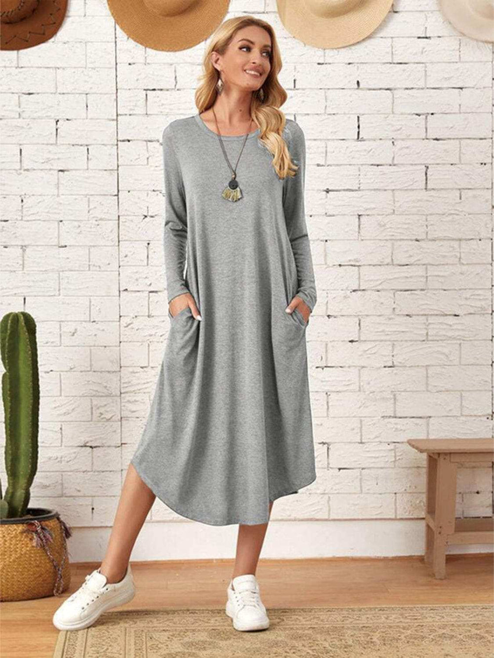 Pocketed Round Neck Long Sleeve Tee Dress - Trendsi - Flyclothing LLC