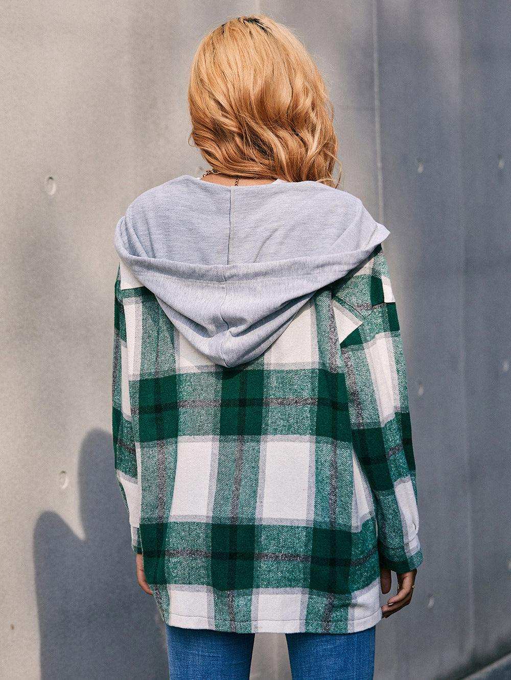Plaid Dropped Shoulder Hooded Jacket - Trendsi - Flyclothing LLC