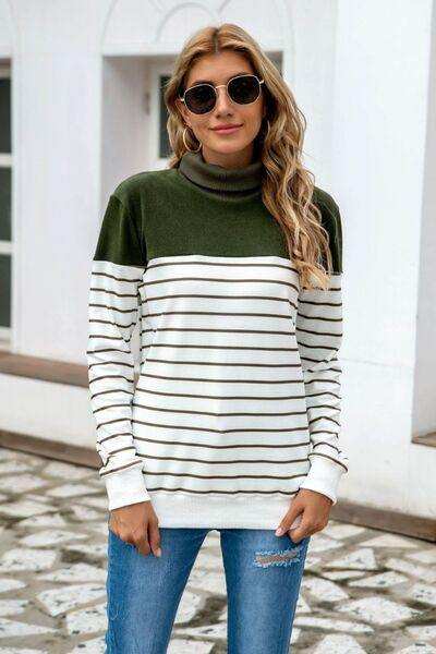 Striped Contrast Turtleneck Sweater - Trendsi - Flyclothing LLC