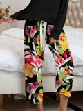 Round Neck Top and Printed Pants Lounge Set - Trendsi - Flyclothing LLC