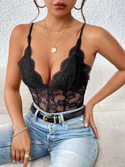 Lace V-Neck Spaghetti Strap Bodysuit - Trendsi - Flyclothing LLC