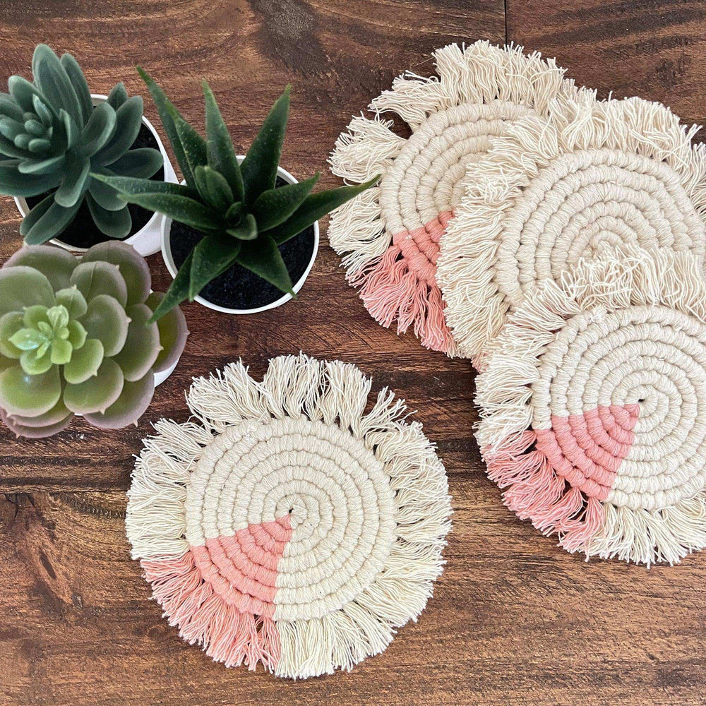 Macrame Coasters in Blush with fringe, Set of 4 - Beaurer Creations - Flyclothing LLC