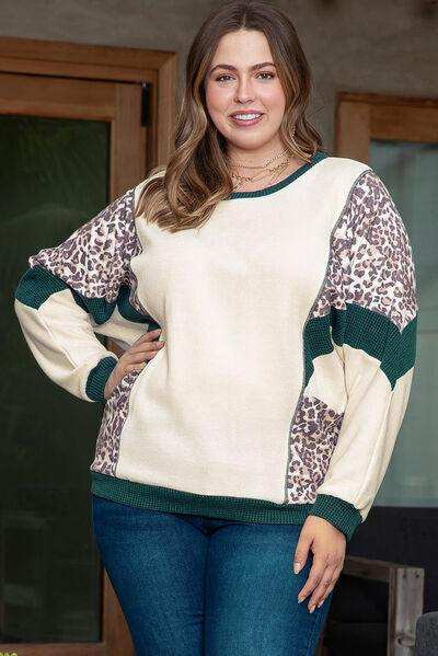 Plus Size Leopard Waffle-Knit Long Sleeve T-Shirt - Trendsi - Flyclothing LLC