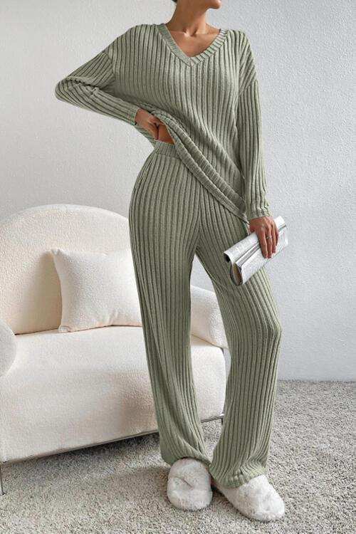 Ribbed V-Neck Top and Pants Set - Trendsi - Flyclothing LLC