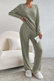 Ribbed V-Neck Top and Pants Set - Trendsi - Flyclothing LLC