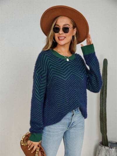 Striped Round Neck Dropped Shoulder Sweater - Trendsi - Flyclothing LLC