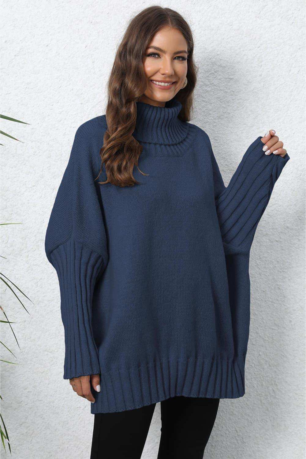 Turtle Neck Long Sleeve Ribbed Sweater - Trendsi - Flyclothing LLC