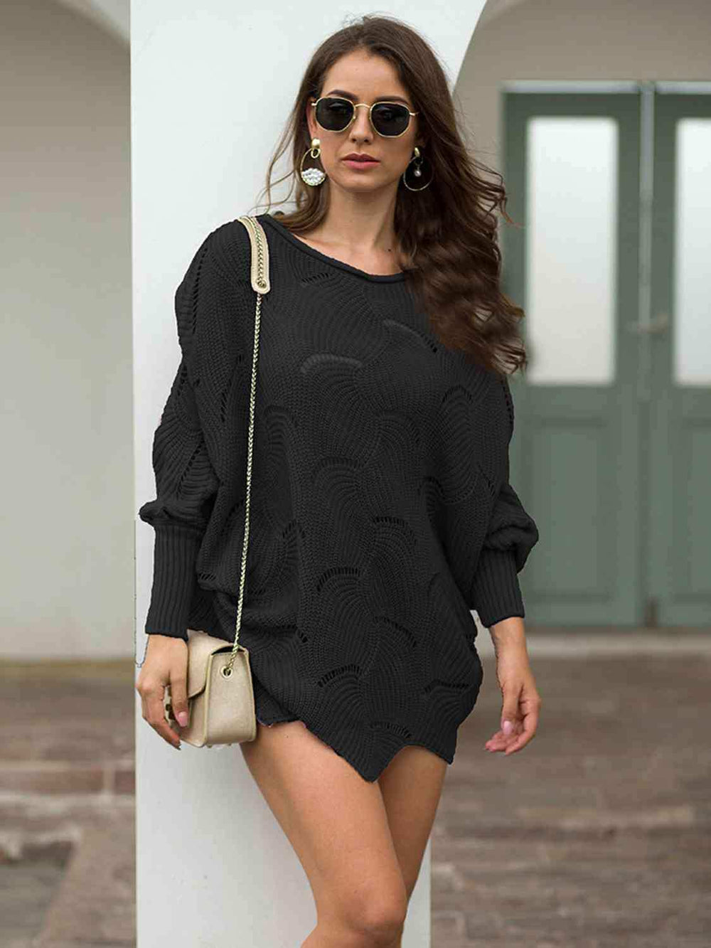 Full Size Boat Neck Lantern Sleeve Openwork Knit Top - Trendsi - Flyclothing LLC