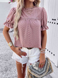 Eyelet Mock Neck Flounce Sleeve Blouse - Trendsi - Flyclothing LLC