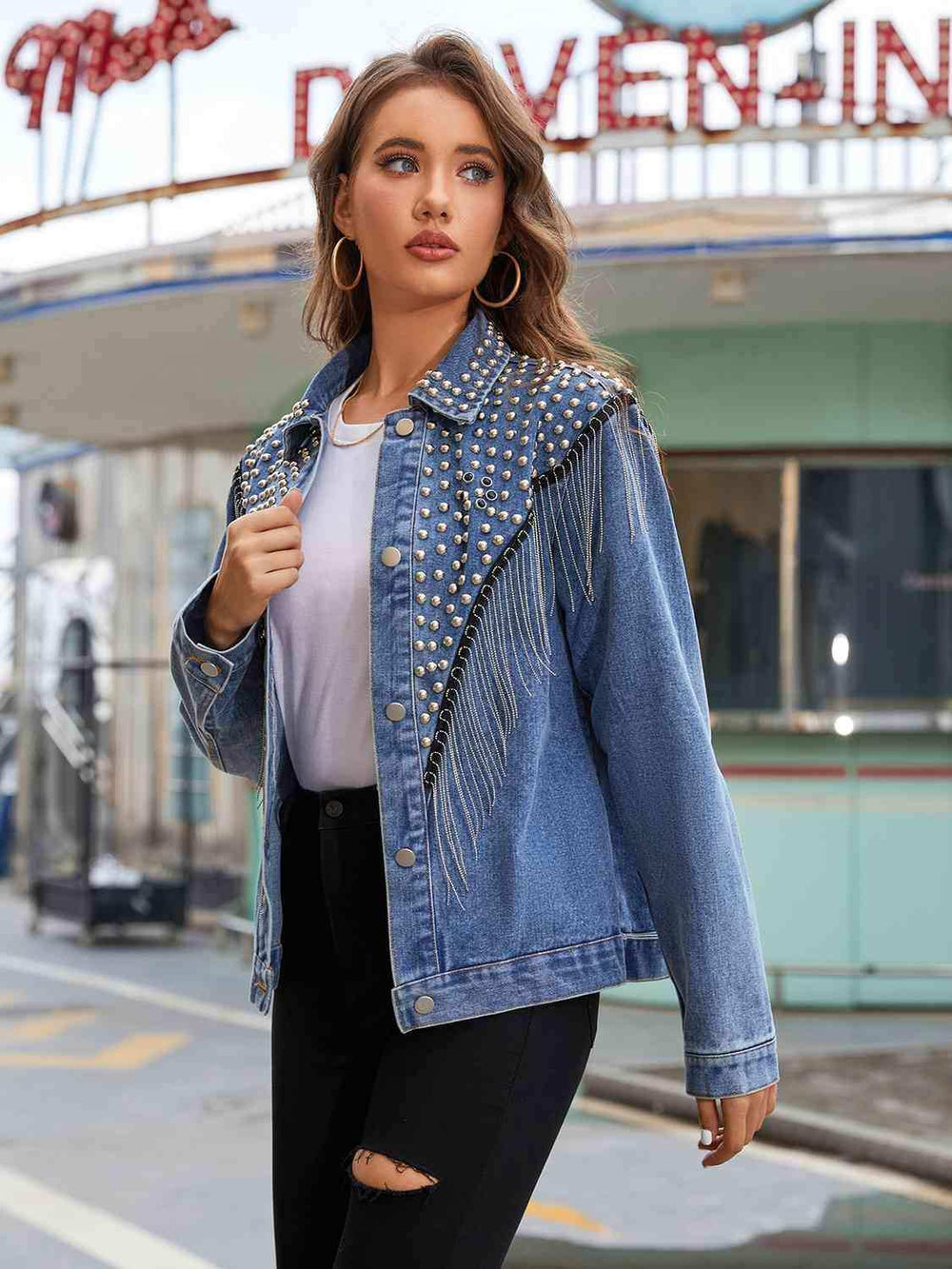 Studded Fringe Button Down Denim Jacket - Trendsi - Flyclothing LLC