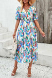 Smocked Printed V-Neck Short Sleeve Dress - Trendsi - Flyclothing LLC