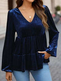 V-Neck Balloon Sleeve Peplum Blouse - Trendsi - Flyclothing LLC
