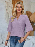 Eyelet Notched Half Sleeve T-Shirt - Trendsi - Flyclothing LLC
