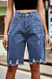 Raw Hem High Waist Denim Shorts with Pockets - Trendsi - Flyclothing LLC