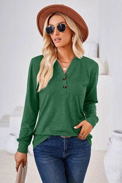 Notched Button Detail Long Sleeve T-Shirt - Trendsi - Flyclothing LLC