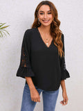 V-Neck Lace Detail Flounce Sleeve Blouse - Trendsi - Flyclothing LLC