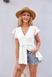 Buttoned V-Neck Ruffle Trim Top - Trendsi - Flyclothing LLC