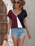 Color Block Decorative Button V-Neck Tee - Trendsi - Flyclothing LLC