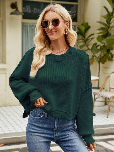 Round Neck Lantern Sleeve Sweater - Trendsi - Flyclothing LLC