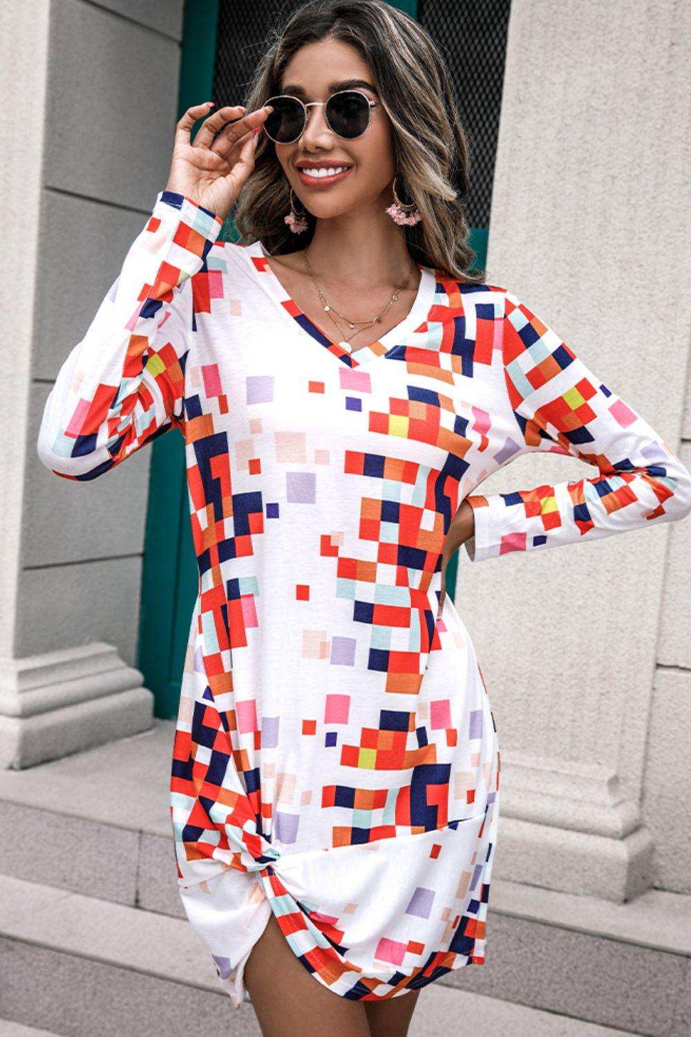 Rainbow Checker Twisted Long Sleeve Dress - Trendsi - Flyclothing LLC