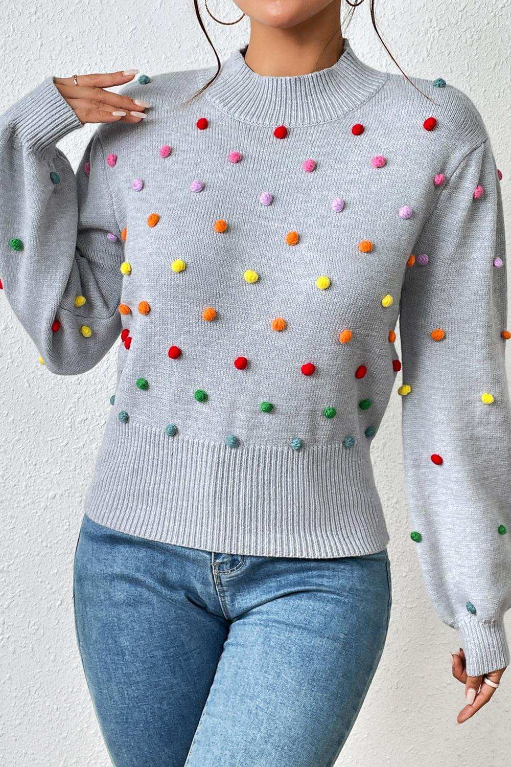 Pom-Pom Trim Mock Neck Long Sleeve Pullover Sweater - Trendsi - Flyclothing LLC
