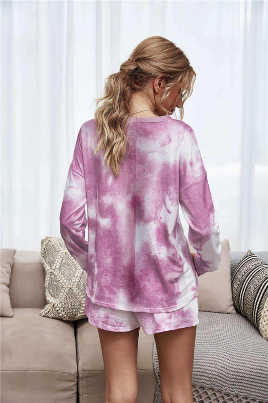 Tie-Dye Dropped Shoulder Top and Shorts Lounge Set - Trendsi - Flyclothing LLC