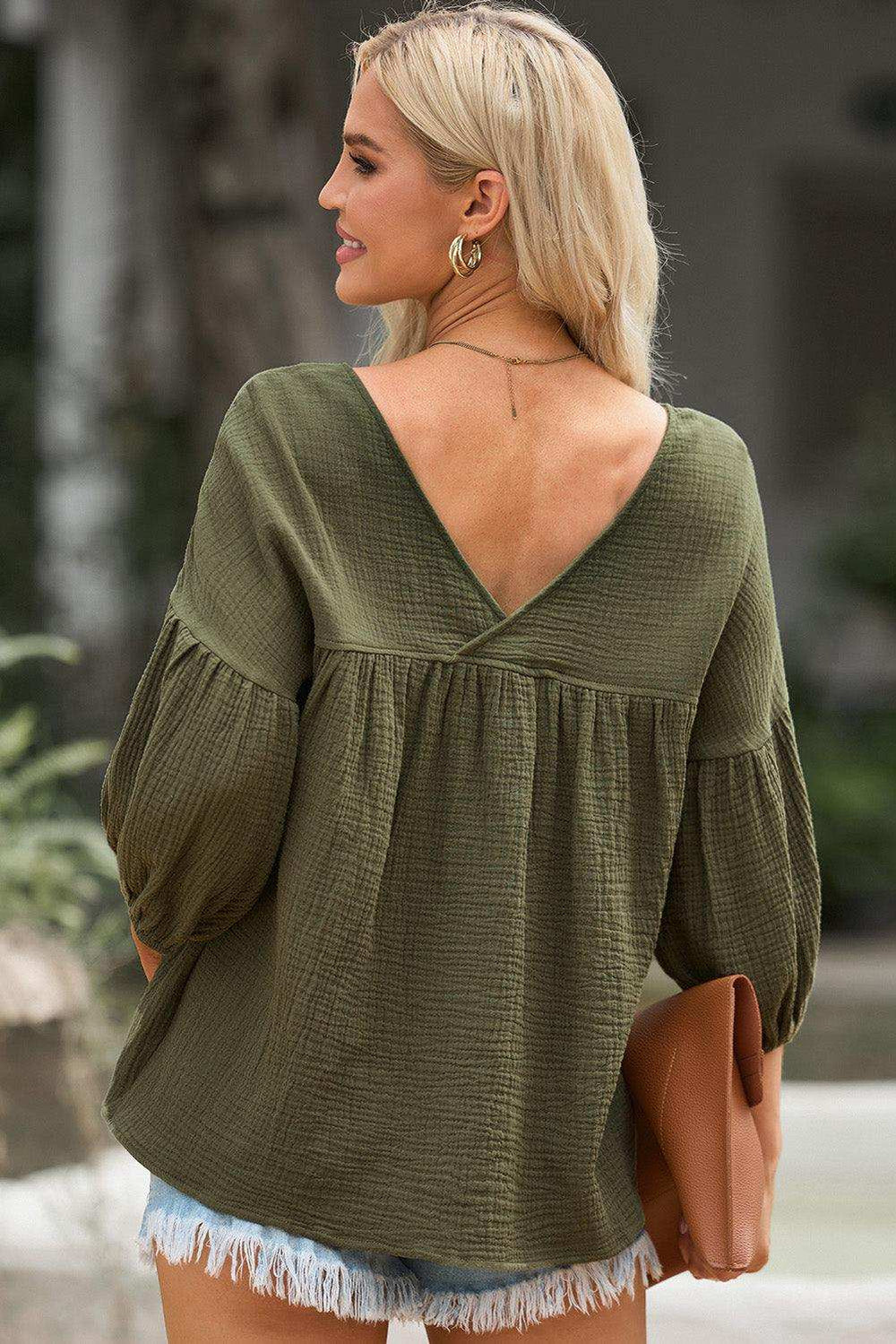 Dropped Shoulder V-Neck Blouse - Trendsi - Flyclothing LLC