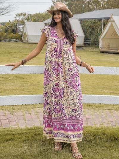 Ruffled Printed Tie Neck Cap Sleeve Dress - Trendsi - Flyclothing LLC