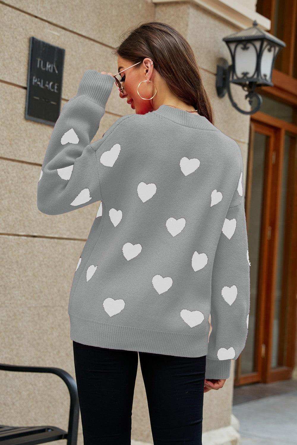 Heart Pattern Lantern Sleeve Round Neck Tunic Sweater - Trendsi - Flyclothing LLC
