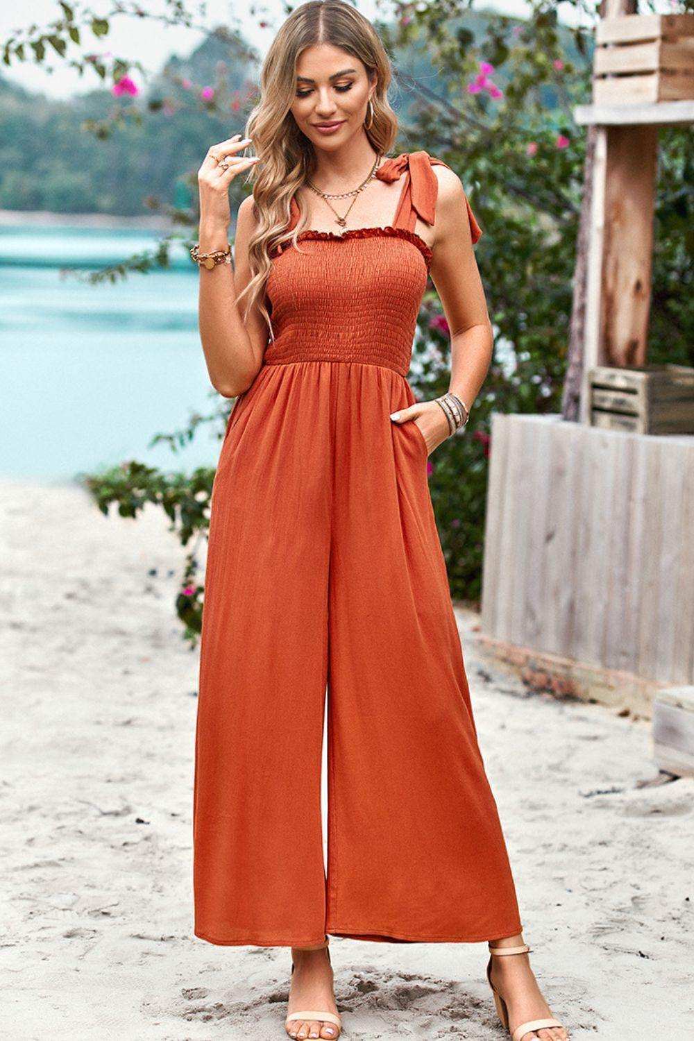 Frill Trim Tie Shoulder Wide Leg Jumpsuit with Pockets - Trendsi - Flyclothing LLC